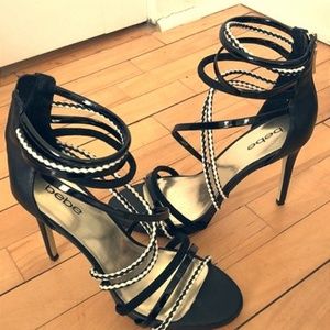 Black Bebe Heels with Black & White Straps